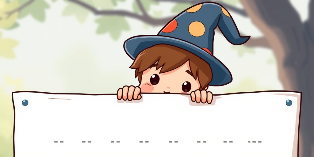 Create an illustration of a cute cartoon character wearing a wizard hat peeking over a blank sign with dashed lines for writing, use a soft color palette, 50mm lens, f/1.8 aperture, natural lighting, and a 1080p resolution for high quality.