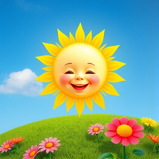 Create an image shows a bright, sun with a smiling baby's face in the center, radiating soft yellow rays. The sun is set against a clear blue sky with a few wispy clouds. Below, there's a lush green grassy hill with colorful, oversized flowers, giving the scene a whimsical, playful atmosphere.