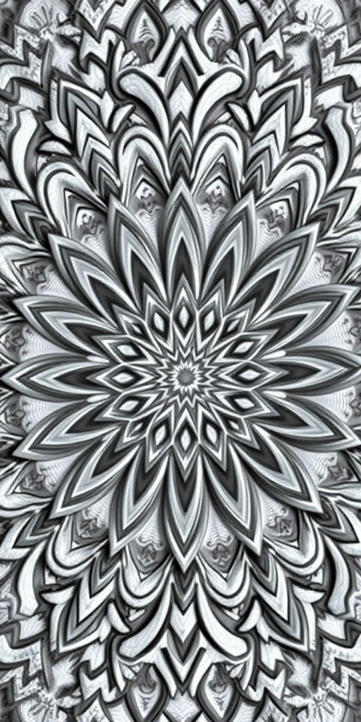 Generate an intricate mandala design featuring symmetrical patterns in shades of gray, captured with a high-resolution DSLR camera at f/8 aperture, ISO 100, and a 50mm lens, using soft natural lighting to enhance the depth and texture.