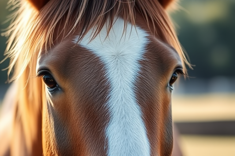 a close-up portrait of a horse's face with a focused gaze, natural light, shallow depth of field, 50mm lens, f/1.8 aperture, ISO 200, soft bokeh background, capturing the texture of the mane and the detail in the eye, photographed with a DSLR camera