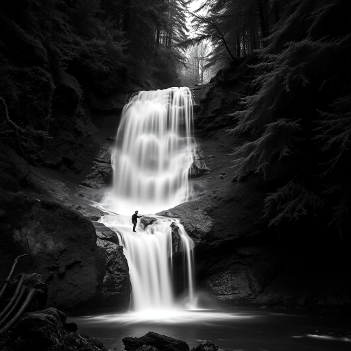 create a high-contrast black and white image of a waterfall in a forest with a person standing on the edge, using a Canon EOS R5, 35mm lens, f/8 aperture, ISO 100, shutter speed 1/4 sec, with a long exposure effect to smooth the water and a moody atmospheric style.