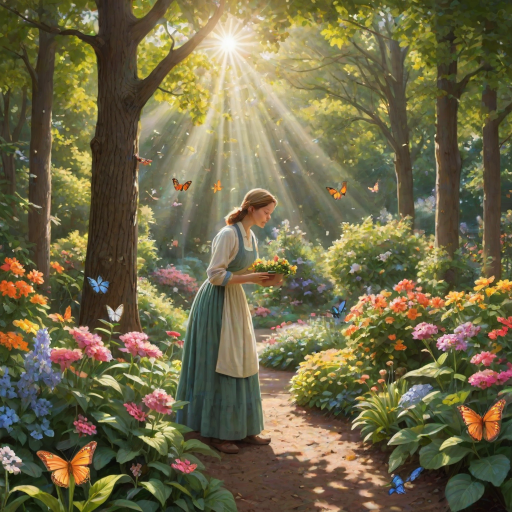 Peaceful garden scene, a woman tending to her flower beds, butterflies fluttering around, and sunlight filtering through the leaves of tall trees overhead.