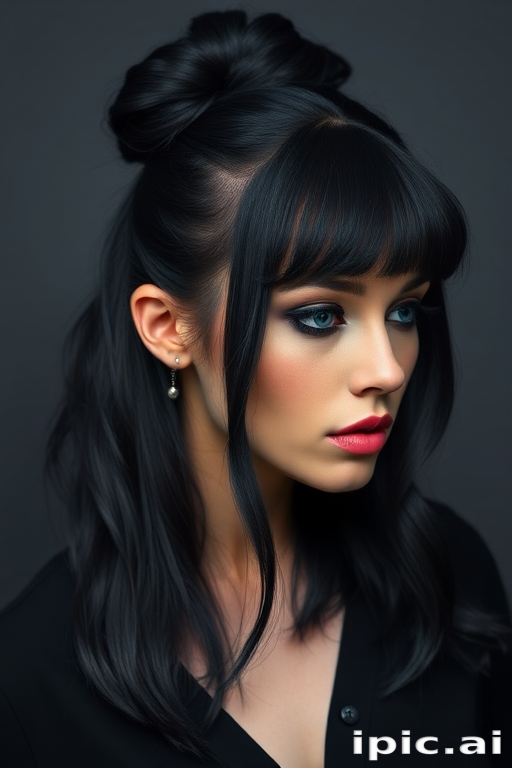 Raven black hair with subtle blue undertones, styled in a sleek, high bun with choppy bangs, the Midnight Raven style exudes mysterious allure and polished sophistication