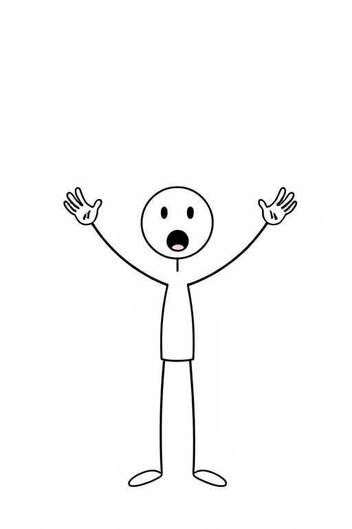 draw a simple stick figure raising both hands with a surprised expression, use a high-resolution vector style, set the camera to a 50mm lens, f/2.8 aperture, and ISO 100 for clarity, view from a slight low angle to emphasize the figure's height, in a minimalist black and white design