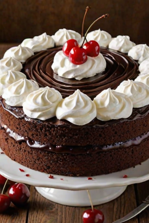 Generate an image of a round chocolate cake topped with whipped cream and cherries. The cake should have chocolate shavings around the sides and a decorative swirl of cream on top, with a few cherries placed evenly around the edge. The background should be simple and rustic, highlighting the cake as the main focus.