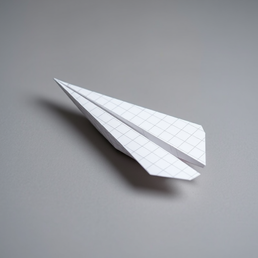 A sleek paper airplane designed with grid lines, captured with a DSLR camera at f/8 aperture, 50mm lens, 1/125 shutter speed, using a shallow depth of field and soft diffused lighting, angled slightly from above to showcase perspective and dimension against a grey backdrop.
