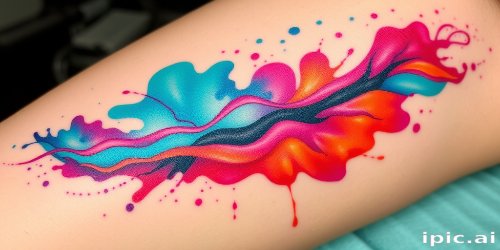 Vibrant watercolor splash tattoo named "Chromatic Cascade" featuring a mesmerizing blend of turquoise, magenta, and amber hues swirling together in a dynamic, free-flowing pattern that resembles a waterfall of colors cascading down the skin, with subtle white highlights adding depth and dimension to the design, creating a striking and unique piece of body art that appears to move and shift with the wearer's movements