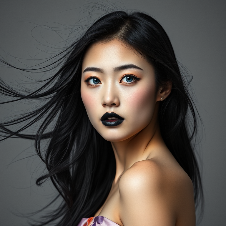 Photographic image of a beautiful young Asian woman, blue eyes, lips with black lipstick, long hair fluttering in the wind and wearing a silk strapless dress with a soft purple and orange print. monochrome image with only color highlights in the iris of the eyes, lipstick and dress. Gray background.