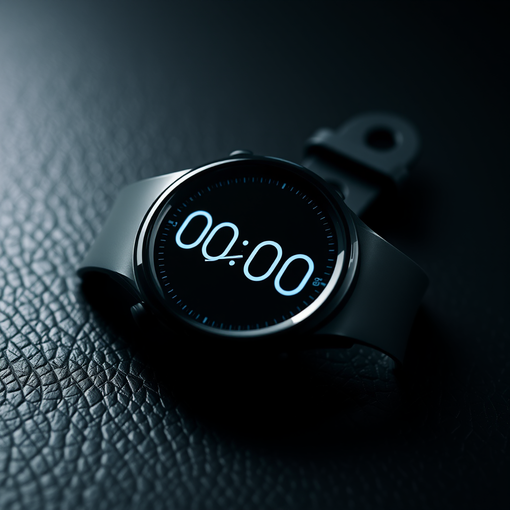 A close-up shot of a black smartwatch displaying the time 00:00 on a textured dark surface, using a DSLR camera with a 50mm lens, aperture set to f/1.8, ISO 100, and a shutter speed of 1/100 sec for enhanced clarity and depth of field.