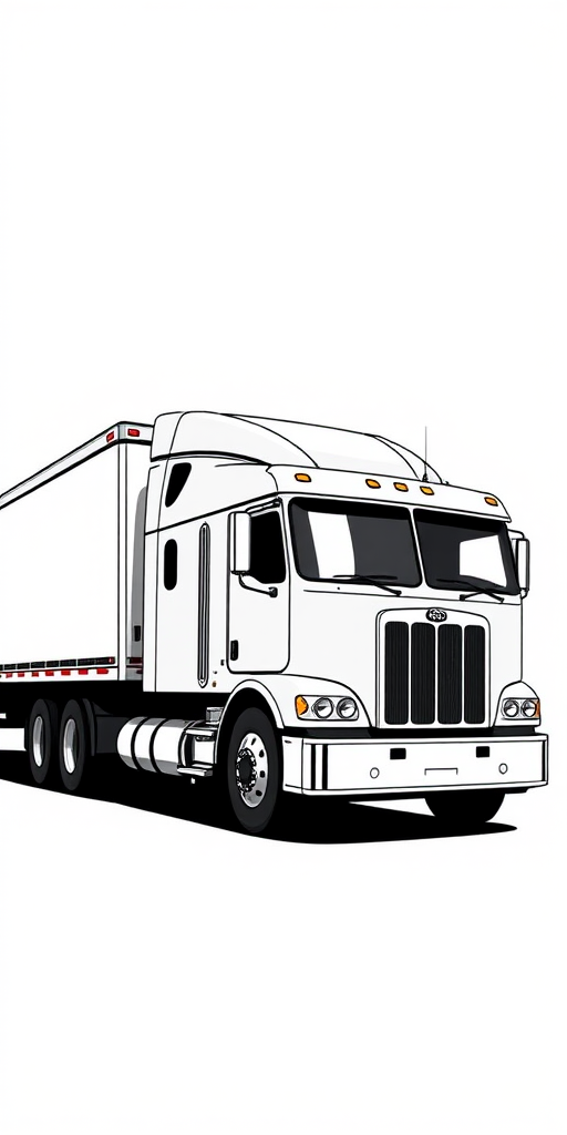 Create a high-quality vector graphic of a truck and trailer, featuring a side view, with a focus on clean lines and sharp contrasts, using a digital illustration style, with a resolution of 300 DPI and CMYK color mode.