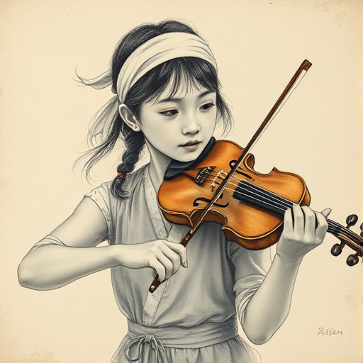 a young Ryukyuan woman with a white headband playing a violin, in the style of a charcoal drawing, sepia grunge background
