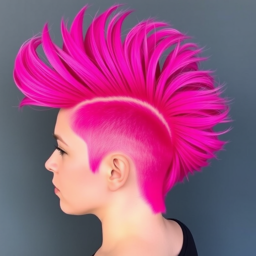 Bold magenta mohawk fading into soft lilac ends, styled in a voluminous quiff, radiating confidence and creativity, christened "Fuchsia Phoenix"