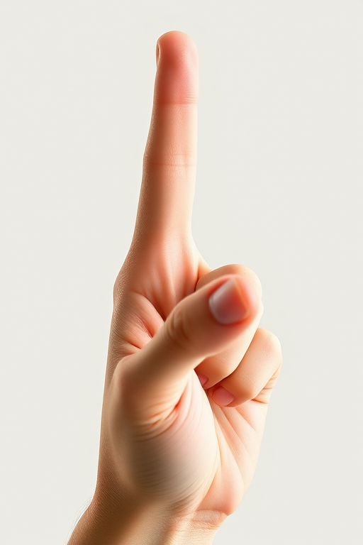 Create a high-resolution vector image of a hand with one finger raised, using a DSLR camera at f/2.8, 1/125s shutter speed, 50mm lens, with soft lighting for enhanced clarity.