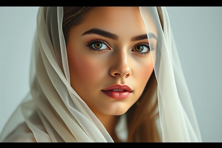 Create a hyper-realistic portrait of a young woman with a translucent veil wrapped around her head, soft lighting, high resolution, using a Canon EOS R5 with a 50mm f/1.2 lens, ISO 100, aperture f/2.8, and 1/200 sec shutter speed, in a studio setting with a plain backdrop.