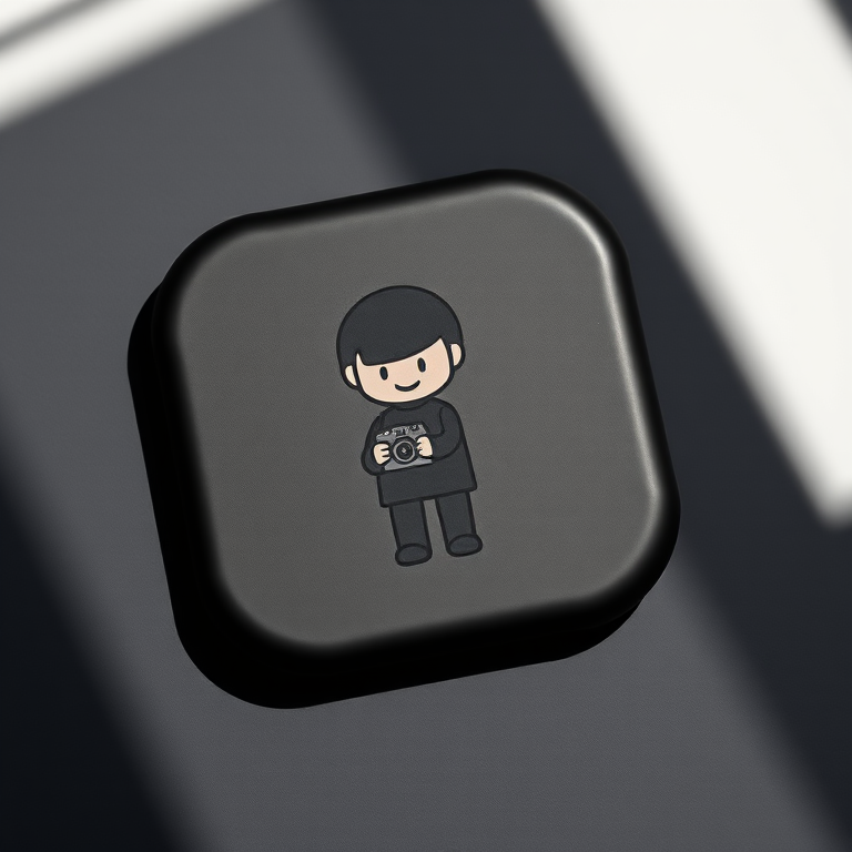 Generate a high-resolution image of a minimalist black icon featuring a stylized character holding a camera, shot with a Canon EOS R5 at f/4, ISO 100, 1/200 sec, in a flat lay view with natural lighting.