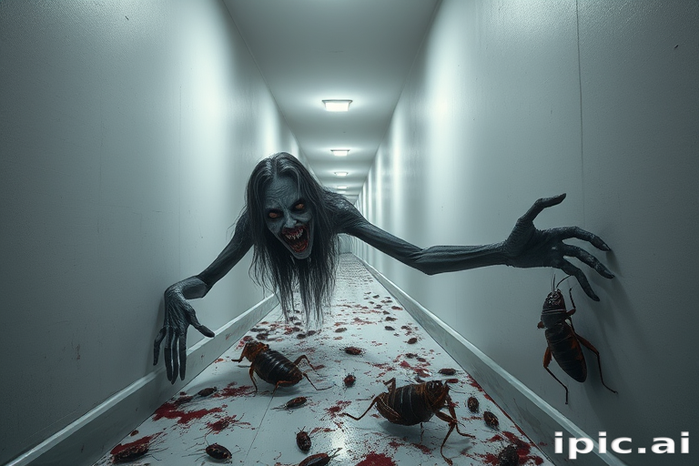 a crooked woman with long arms and a creepy smile is crawling along a long white corridor and you can also see cockroaches in it there is a creepy atmosphere creepy art style