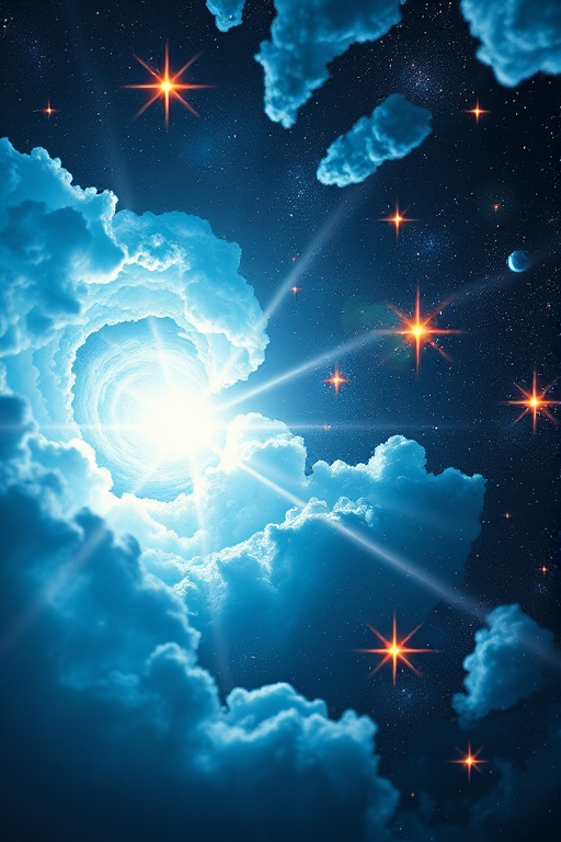 create a vivid depiction of a cosmic scene featuring bright, radiant stars and swirling blue and white clouds with beams of light emerging from the center against a deep space backdrop