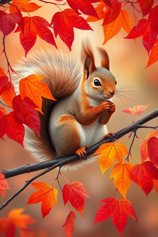 Create a vibrant digital illustration of a squirrel sitting on a branch among autumn leaves, with rich reds and oranges, using a Canon EOS R5 camera, 50mm lens, f/1.8 aperture, ISO 100, and soft-focus background.
