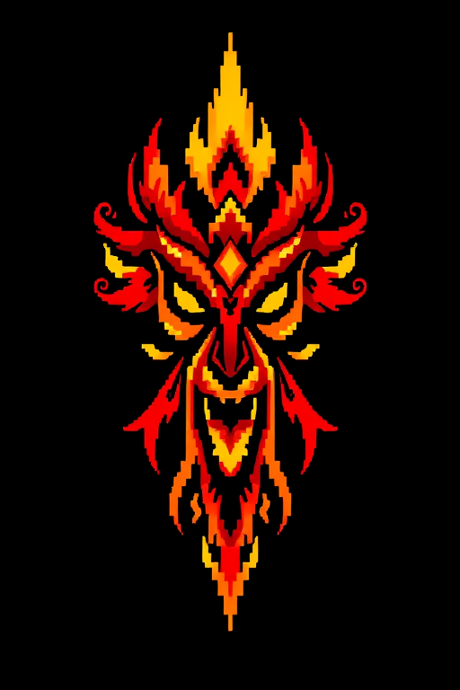 create a pixel art image of a fiery red and yellow abstract design resembling a tribal totem, use a DSLR camera with a 50mm lens, f/1.8 aperture, ISO 100, in studio lighting for enhanced colors and sharpness