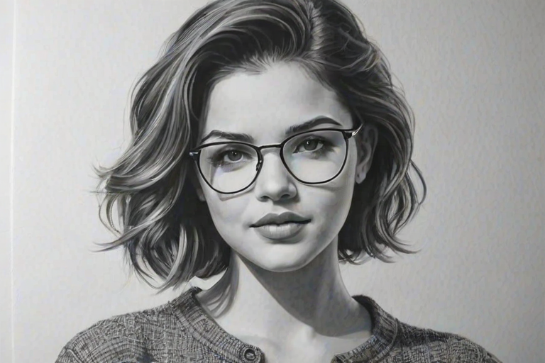 Lovely Danielle Campbell, pencil sketch, portrait of Dazzling woman 1921s in glasses, hair style beatnik, outline, clear lines, fine lines, 8k