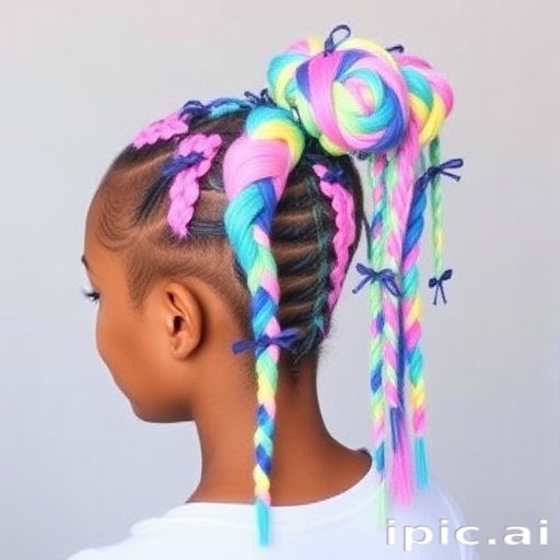 Playful multicolored braids named "Candyland Dreams" incorporate a variety of pastel hues woven into intricate cornrows and culminating in a high, voluminous ponytail