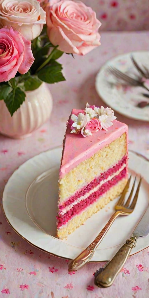 Create an image of a freshly baked layered cake with a vibrant pink frosting on top. The cake should be sliced into rectangular pieces, showcasing layers of light yellow sponge and a dark filling. Arrange the slices neatly on a white platter, and include a few pieces on decorative plates nearby. Add a knife beside the platter and some floral fabric in the background for a charming touch.