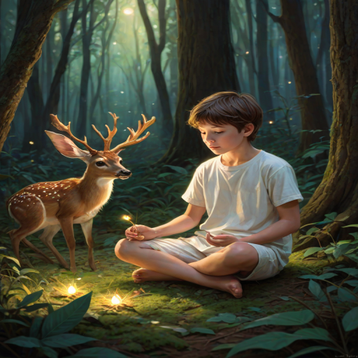 A luminous digital painting of a serene forest scene featuring a barefoot young boy, about 7 years old, with brown hair and fair skin, dressed in a simple white outfit. He sits cross-legged on the forest floor, gazing at a small, glowing, magical firefly in his hand. Beside him, a delicate spotted deer lies calmly on a bed of dried leaves, observing the scene. The dense forest is bathed in warm, golden light filtering through the trees, creating a peaceful, magical atmosphere with a blend of natural and mystical elements.