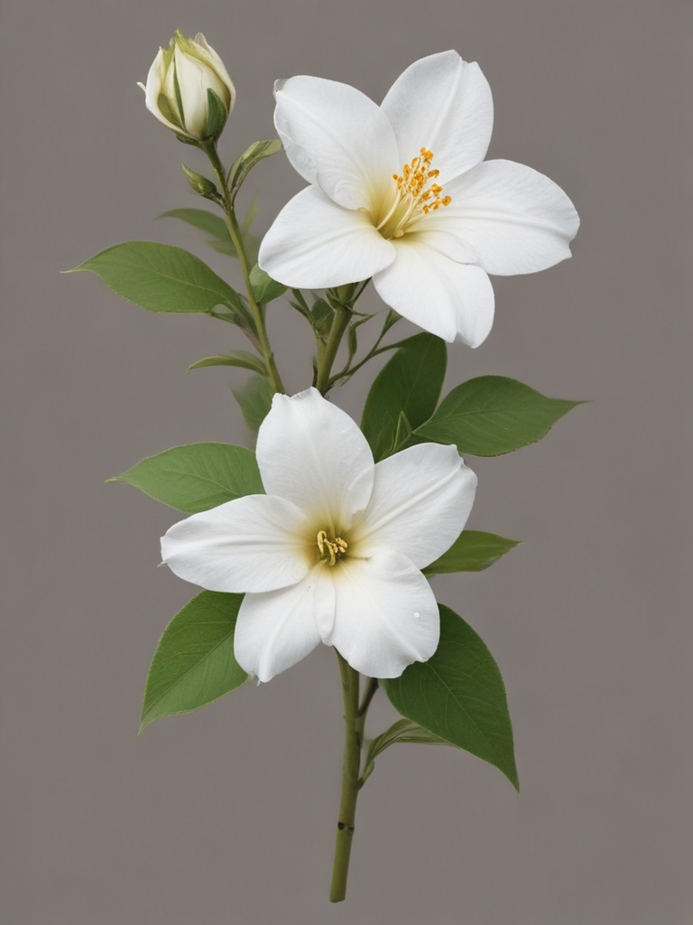 Delicate White Flowers with Bud and Lush Green Leaves Against Gray ...