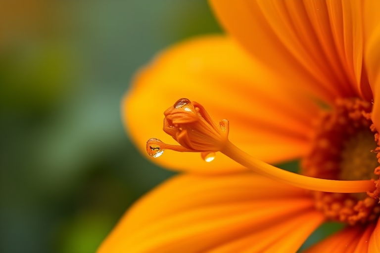 macro photography of an orange flower with water droplets, focus on details, natural light, aperture f/2.8, shutter speed 1/200s, ISO 100, taken with a DSLR camera, 100mm lens, soft bokeh background