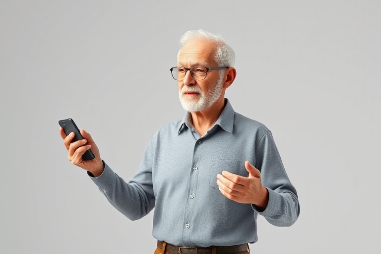 A 3D model of an older man holding a smartphone and gesturing, standing on a plain background, shot with a DSLR camera at f/8, ISO 100, 50mm lens, in soft natural light for enhanced clarity and detail.