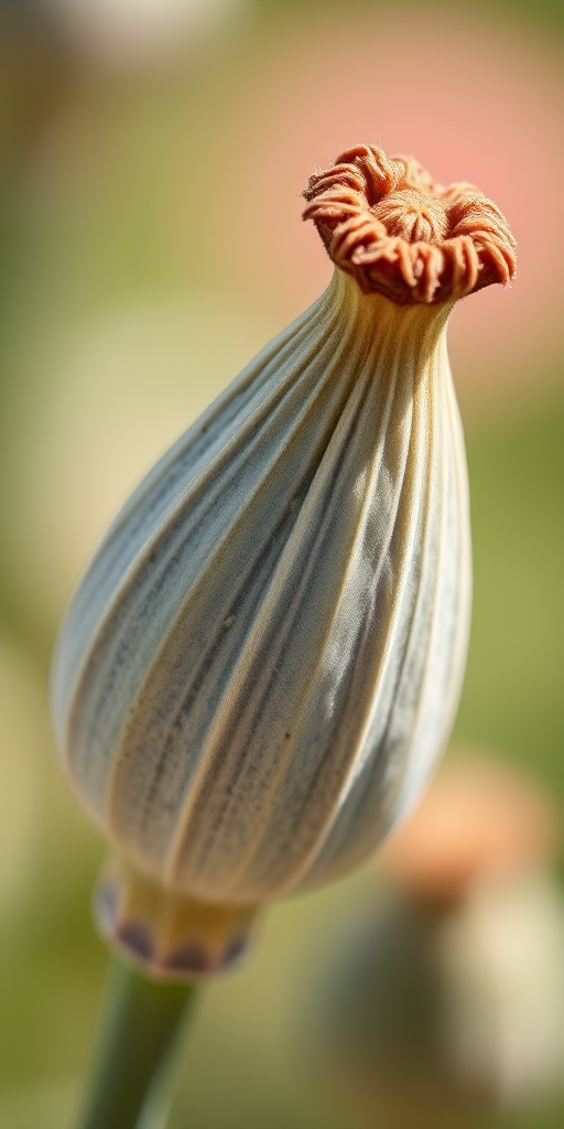 close-up of poppy seed pods with detailed textures and soft bokeh background, aperture f/2.8, shutter speed 1/200s, ISO 100, shot with a macro lens on a DSLR camera, natural sunlight for enhanced clarity