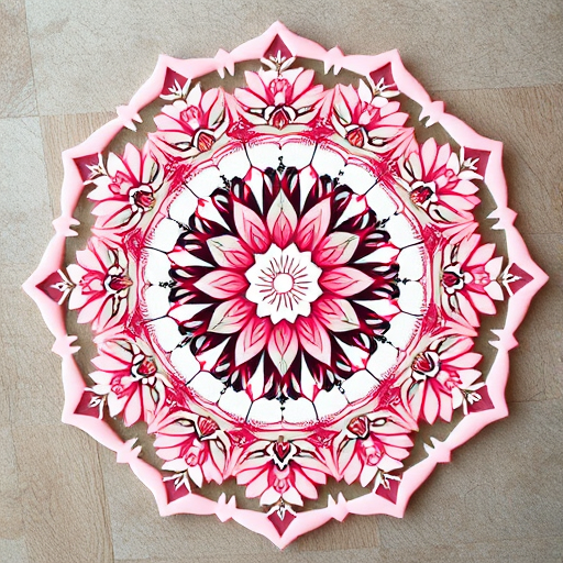 Create a symmetrical mandala design with intricate floral patterns in soft pastel colors, high-resolution 300 DPI, DSLR camera, macro lens, f/8 aperture, natural lighting, top-down view.