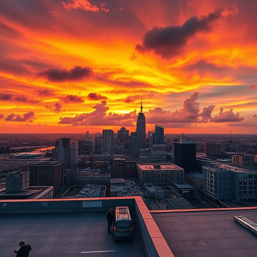 Capture a vibrant sunset over a city skyline, utilizing a wide-angle lens at f/8, ISO 100, and a shutter speed of 1/60 sec, with a warm color palette and dramatic clouds, taken from a rooftop vantage point.