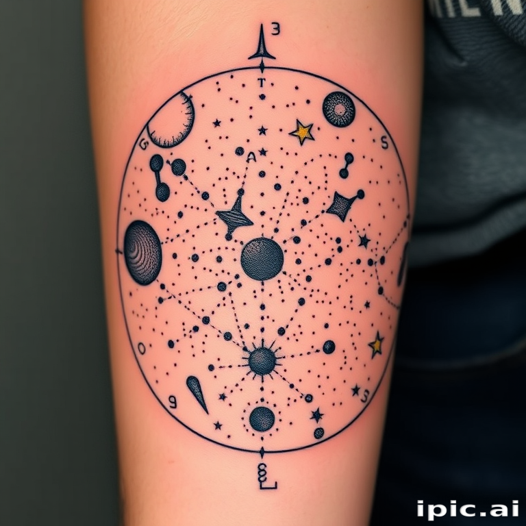 Pointillism tattoo called "Constellation Map" showcasing intricate star patterns and celestial bodies created entirely with tiny dots of varying sizes and densities