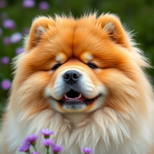 A close-up portrait of a fluffy Chow Chow dog with a soft focus background of green grass and purple flowers, captured with a Canon EOS R5, 85mm lens, aperture f/1.8, ISO 100, 1/500s, natural lighting, shallow depth of field.