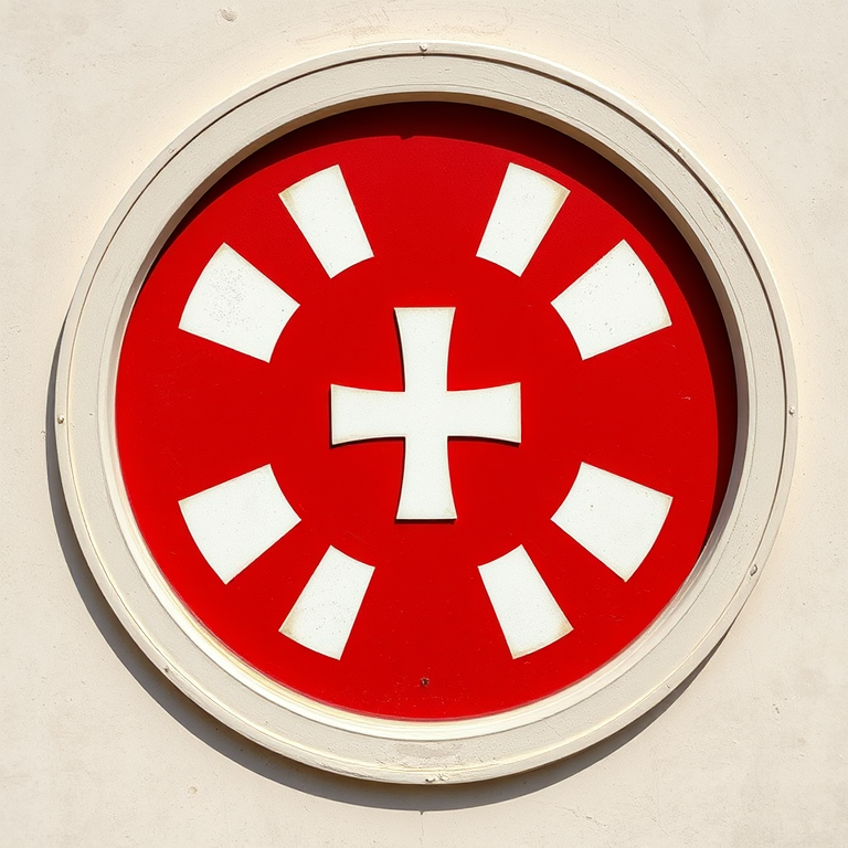 Create a high-resolution image of a circular design featuring a red and white color scheme, with the white cross prominently centered, using a DSLR camera at f/8 aperture, 50mm lens, ISO 100, in vibrant daylight, from a top-down view.
