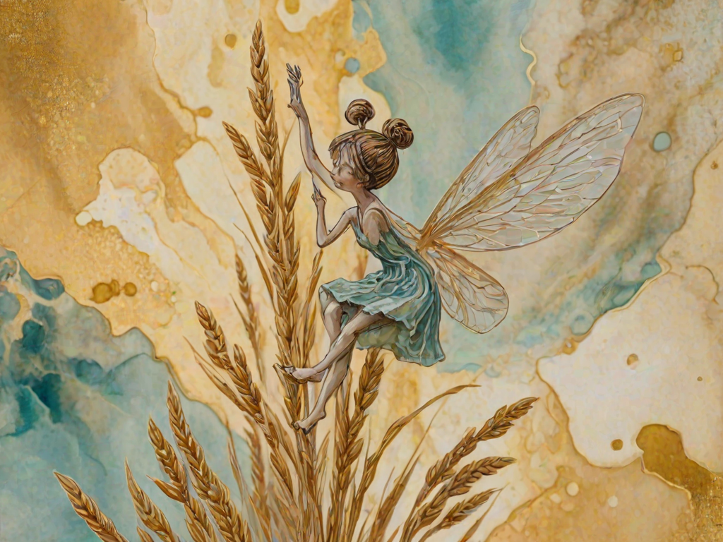 Soft, muted Alcohol Ink with ebru effect background image of tiny whimsical gazalle, who climbed high on the top of a golden rye ear.