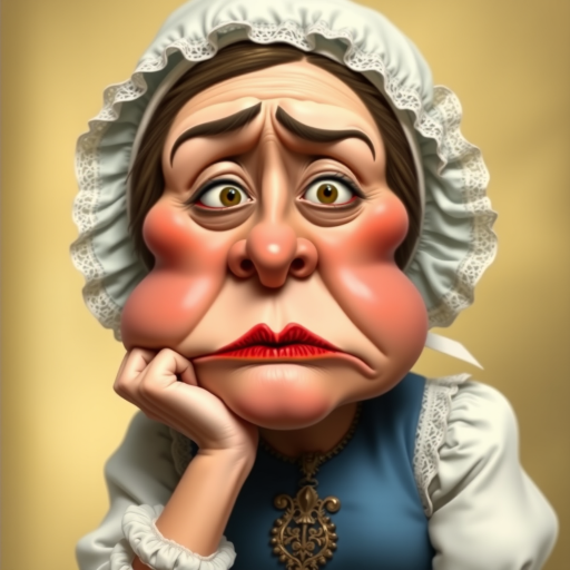 The image is a caricature of a woman with exaggerated features. She is wearing a white bonnet with lace trim and a white blouse with a blue bodice. She is leaning her chin on her hand with a bored or tired expression. Her lips are full and pouty, her cheeks are round and puffy, and her eyes are wide and slightly crossed. Her nose is long and thin, and her brows are furrowed. She is wearing a necklace with a large, ornate pendant. The background is a soft, blurry yellow. The overall effect is humorous and slightly grotesque.