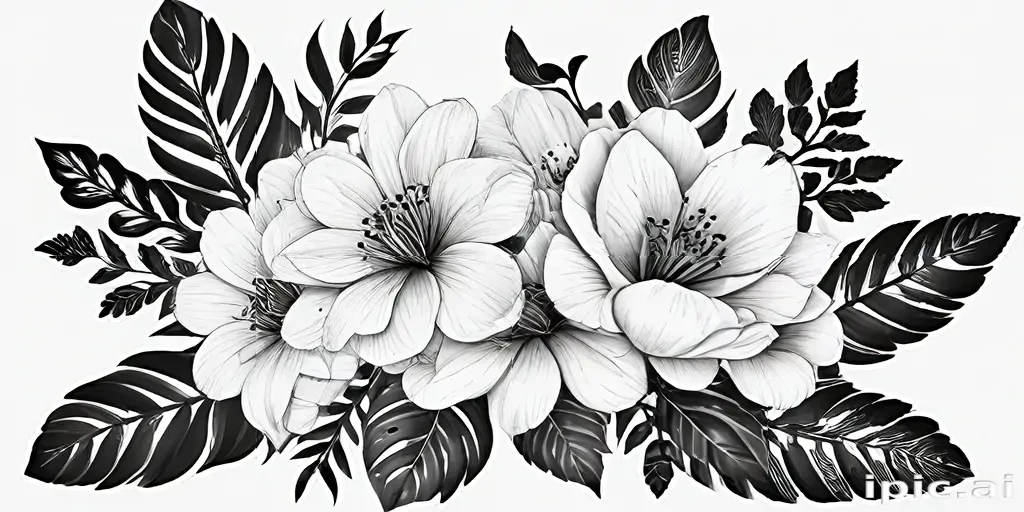 Elegant Black and White Floral Arrangement with Lush Leaves and Blooms