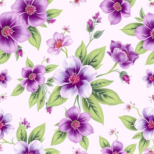 create a seamless floral pattern featuring purple and white flowers with green leaves on a light lavender background