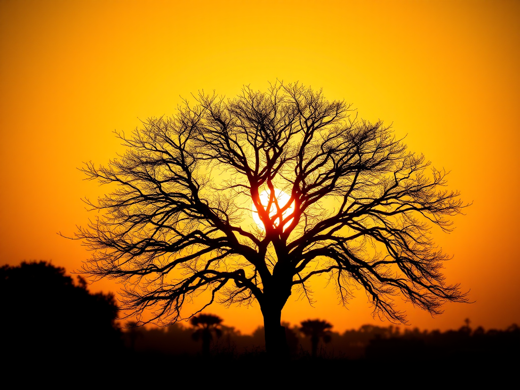Generate a high-quality image of a tree silhouette against a sunset background using a Canon EOS 5D Mark IV, 50mm lens, aperture f/8, ISO 100, focal length 50mm, with a wide-angle view and HDR style for enhanced detail and depth.