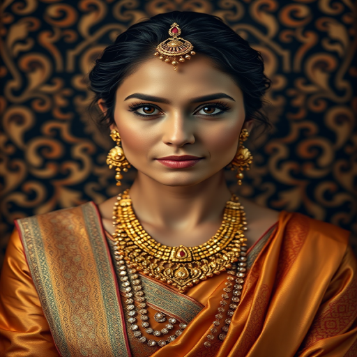 Portrait of a woman in traditional golden attire, elaborate jewelry, with a richly detailed background featuring complex patterns, taken with a Canon EOS R5, 50mm f/1.2 lens, aperture at f/2.8, ISO 100, soft diffused lighting, front view for a dramatic effect.