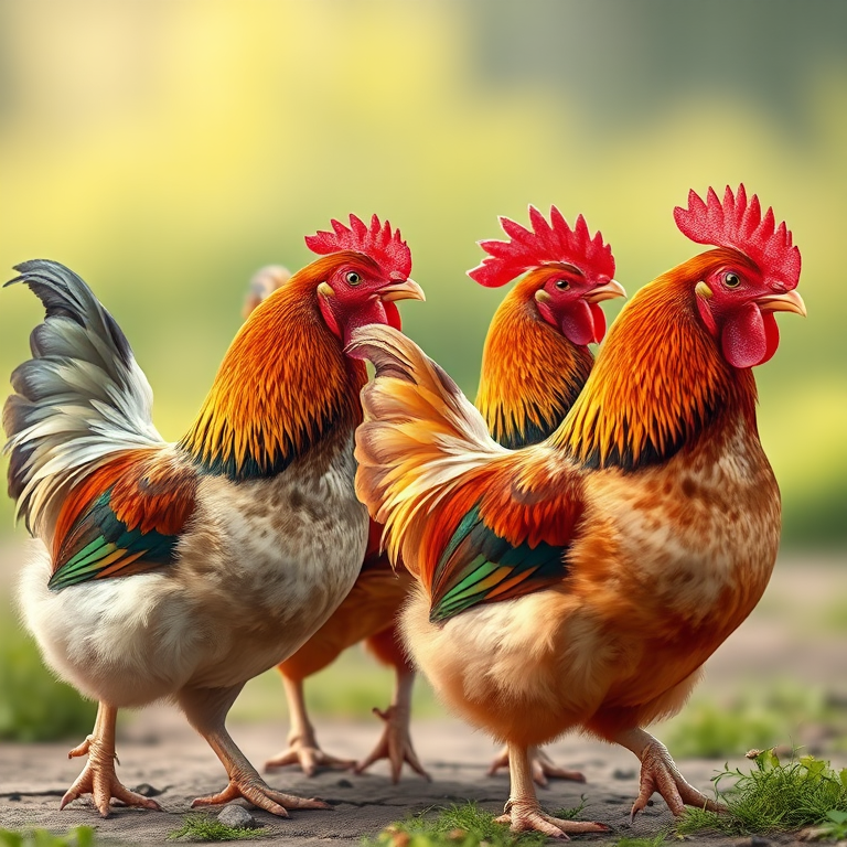 create an illustration of four colorful chickens walking together in a natural setting using a Canon EOS R5 camera with a 50mm lens, aperture f/2.8, ISO 100, and a soft focus background to enhance the vibrant colors and details of the chickens