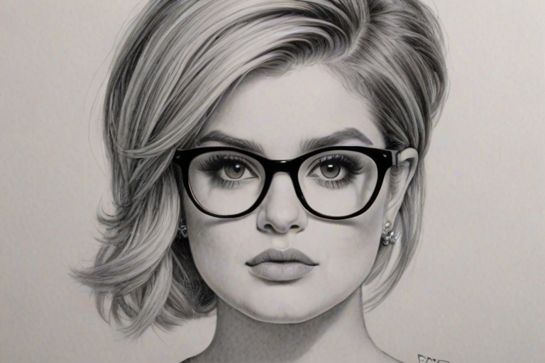 Stunning Kelly Osbourne, pencil sketch, portrait of Captivating woman 1973s in glasses, hair style beatnik, outline, clear lines, fine lines, 8k