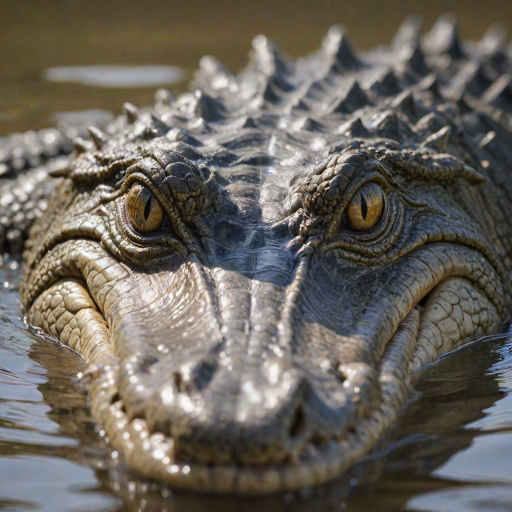 a close-up of a crocodile's head partially submerged in water, showcasing its textured skin and piercing eyes, with a blurred natural background