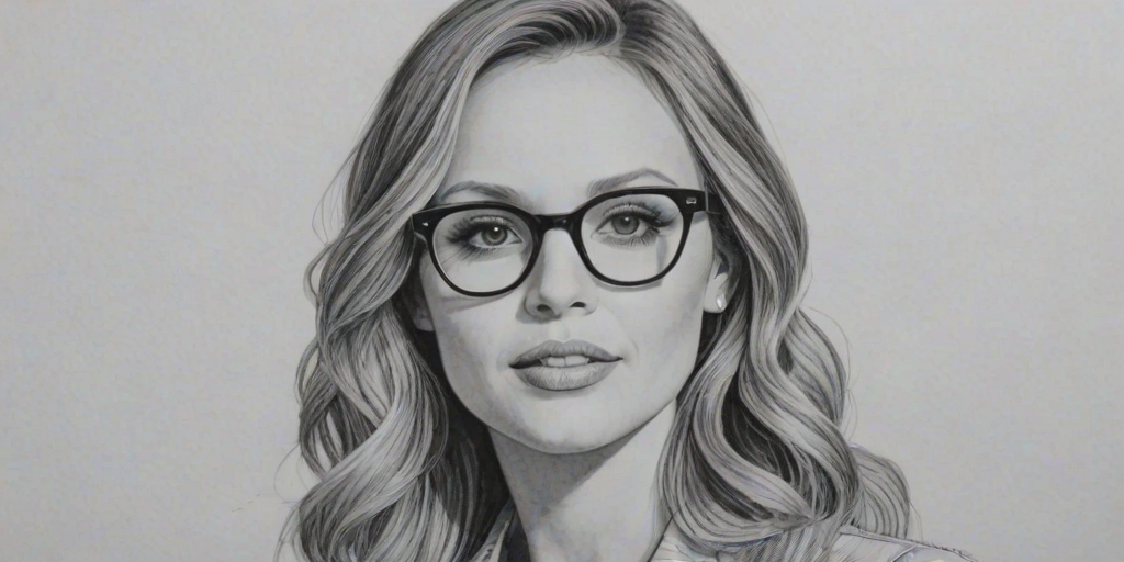 Ravishing Carly Pearce, pencil sketch, portrait of Fascinating woman 1952s in glasses, hair style beatnik, outline, clear lines, fine lines, 8k