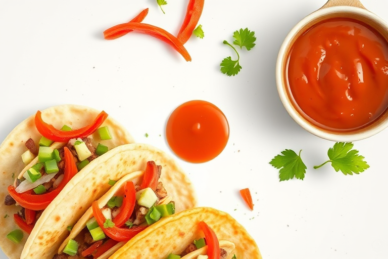 high-quality illustration of tacos and a dipping sauce on a clean background, macro lens, aperture f/2.8, ISO 100, soft natural lighting, top-down view, digital camera