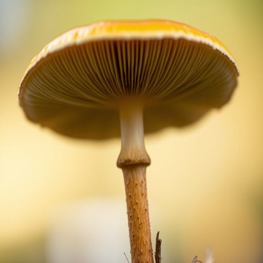 Close-up of a single mushroom with a golden cap and brown stem, soft blurred background, shallow depth of field, aperture f/2.8, 50mm lens, natural light, DSLR camera, macro photography style.