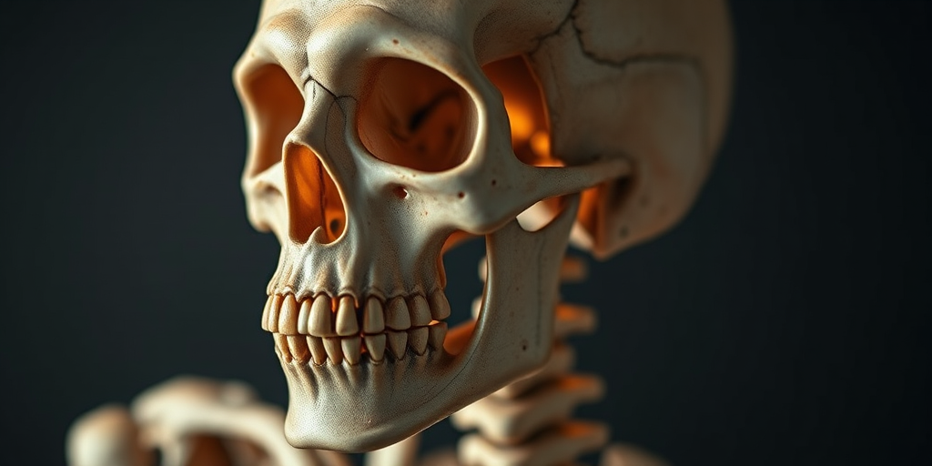 portrait of a skeletal figure with intricate anatomical details, dramatic lighting highlighting textures, captured at 50mm, f/1.8 aperture, ISO 100, in soft focus style, using a full-frame DSLR camera.