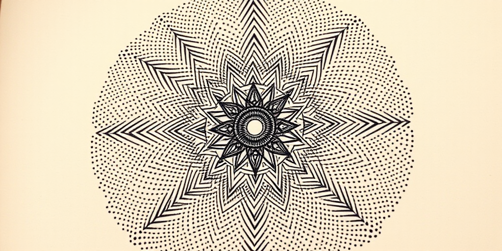 Dotwork mandala tattoo with intricate geometric patterns radiating from a central point, utilizing thousands of tiny dots to create gradients and intricate details for a mesmerizing optical illusion effect